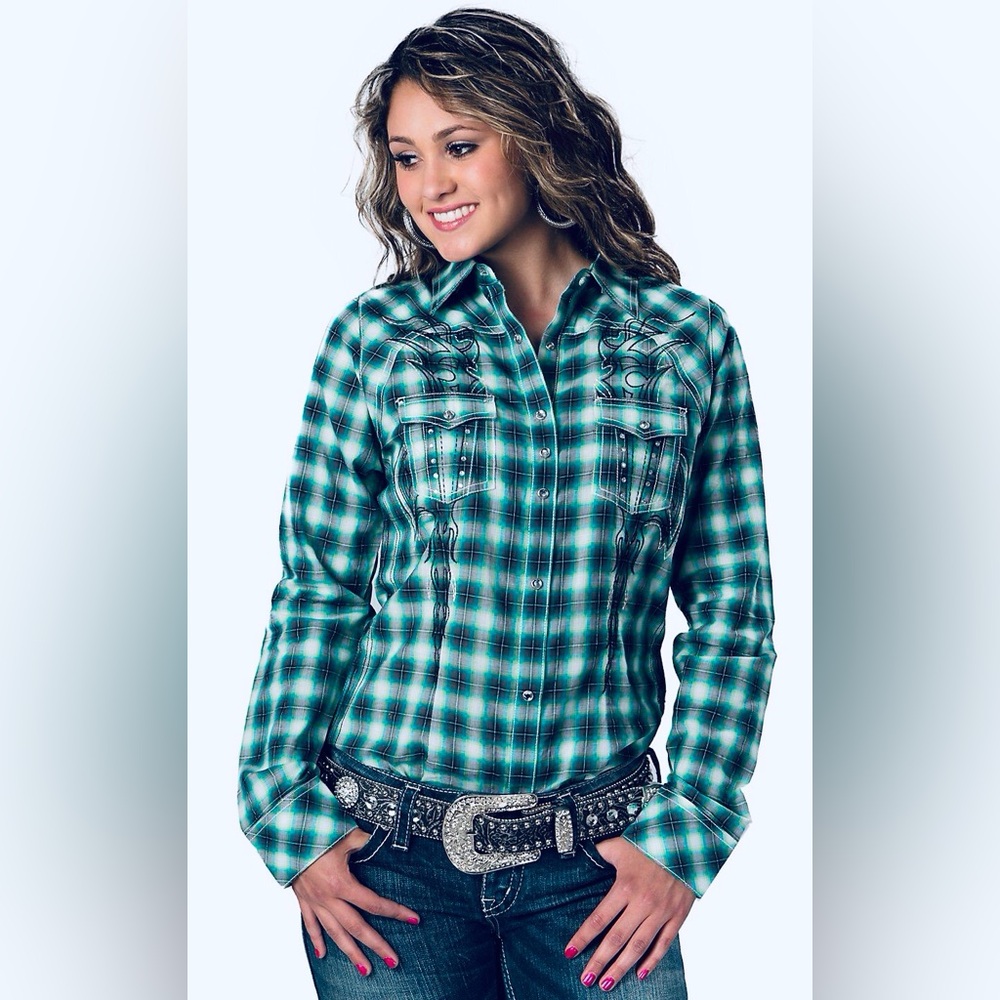 Sold!
Rock 47 Womens Wrangler Teal Plaid Western Long Sleeve Shirt Rhinestone S